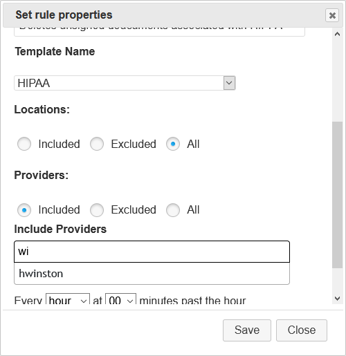 Screenshot of Selecting Provider for Delete Template Rule
